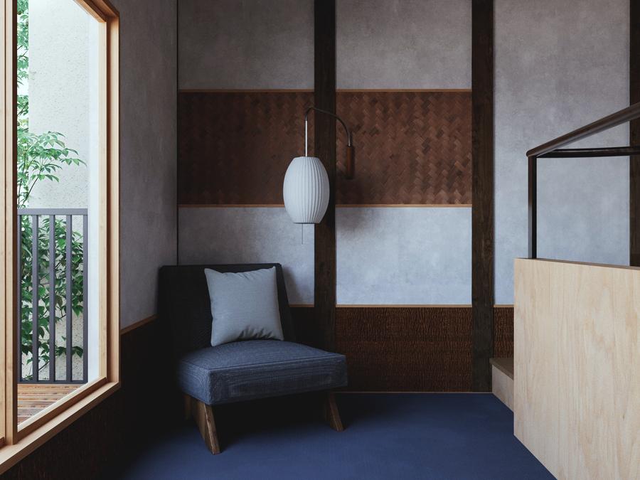 Celebrating Sabi, Osaka, with a window seat and woven timber wall detail.