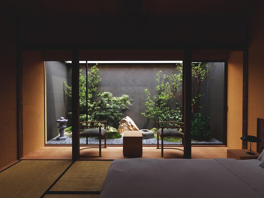 Mibu Garden Machiya, Kyoto, looking toward its courtyard garden.