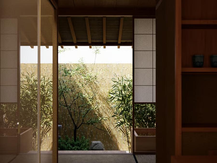 The Essentialist Machiya, Kyoto, looking through shoji toward its garden.