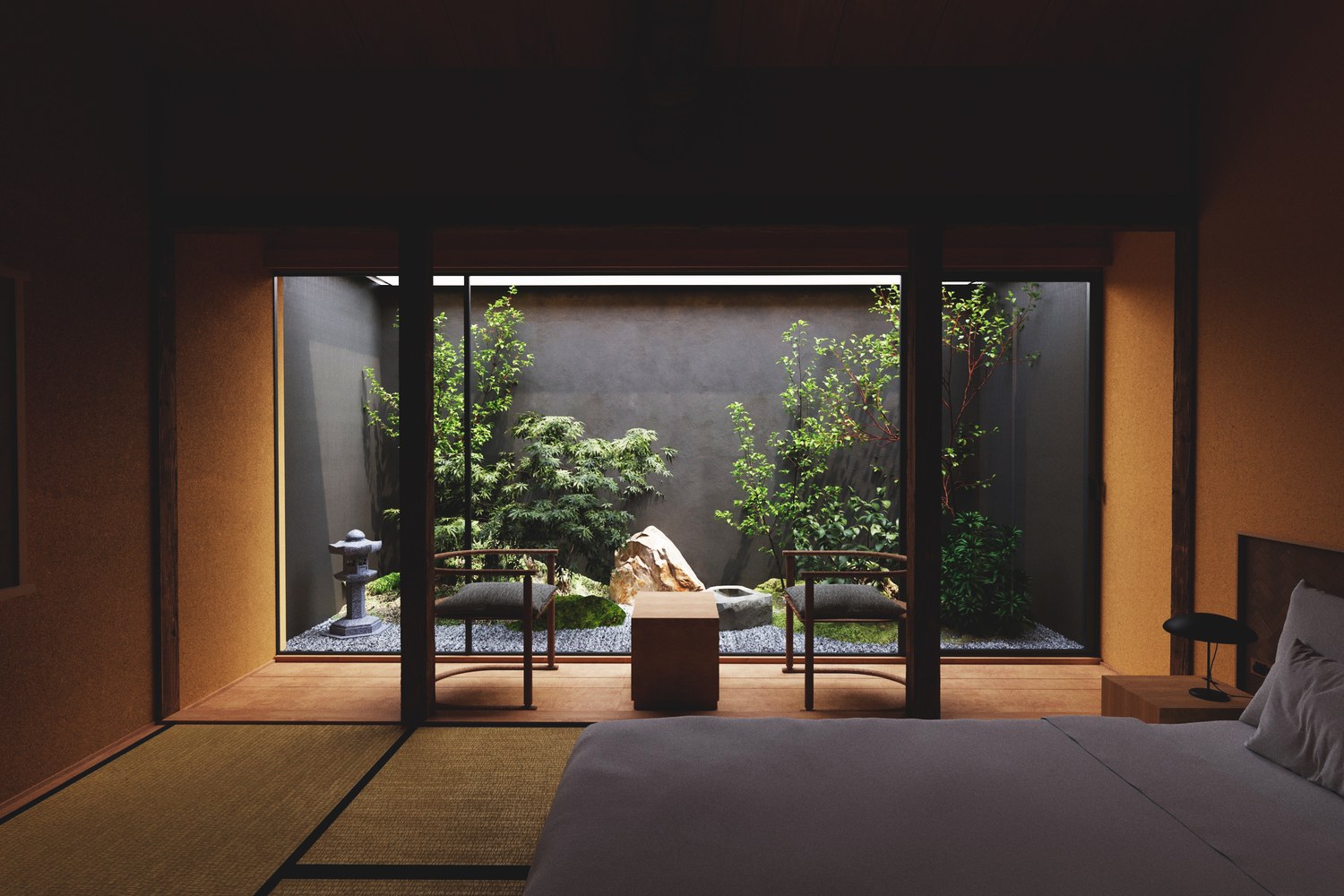 A quiet garden seen from a warmly lit bedroom at Mibu Garden Machiya, Kyoto, design preview
